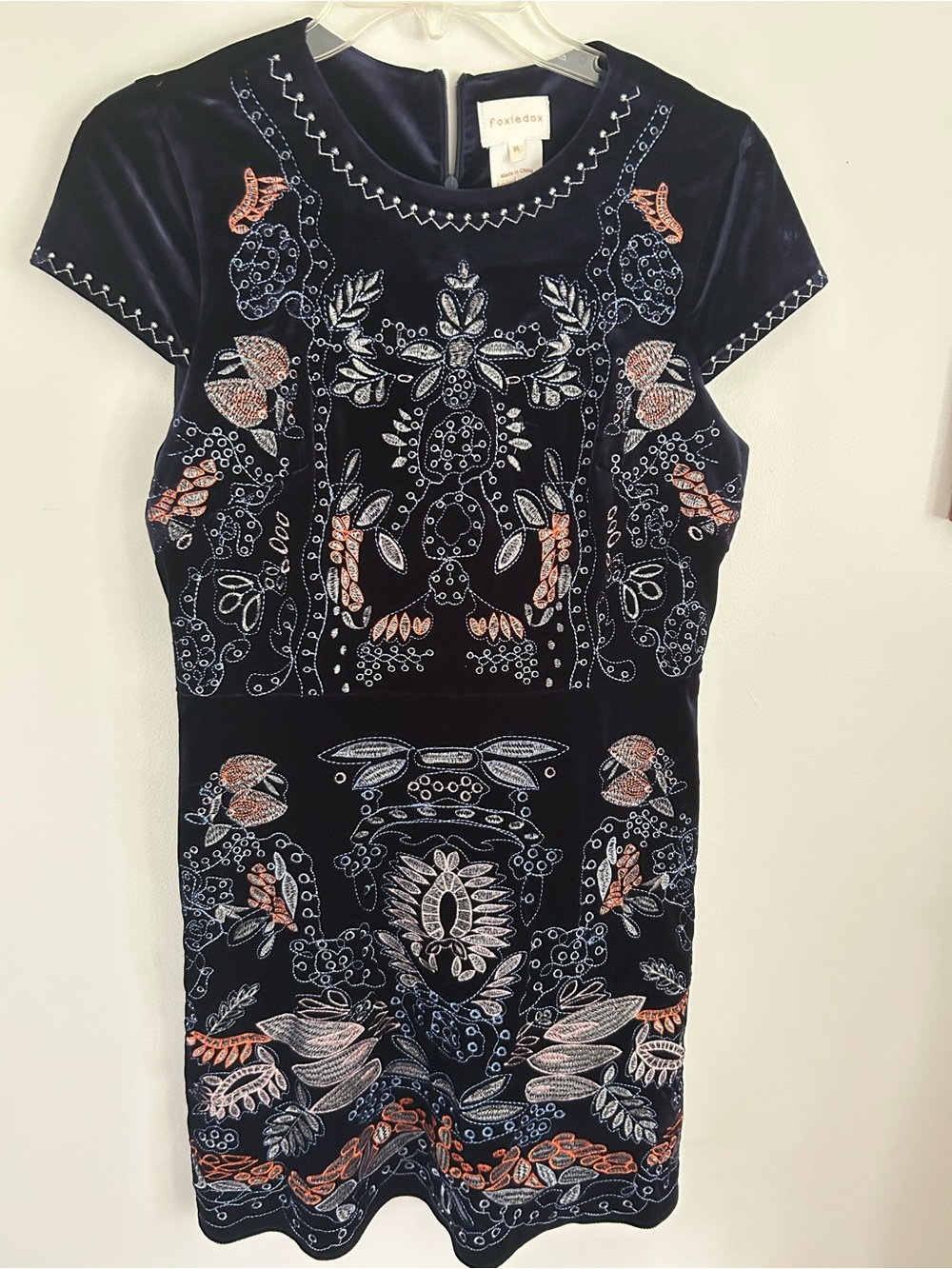 Nordstrom Navy Embroidered Velvet Mini Dress